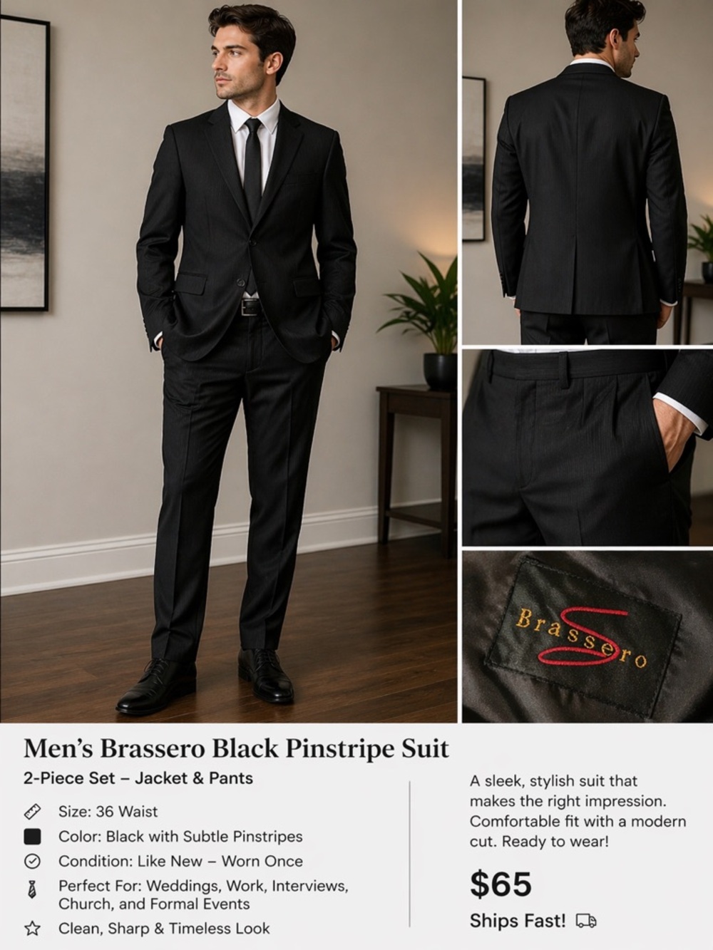 Men’s Black Pinstripe Suit Set 36W – Worn Once – Wedding/Business”